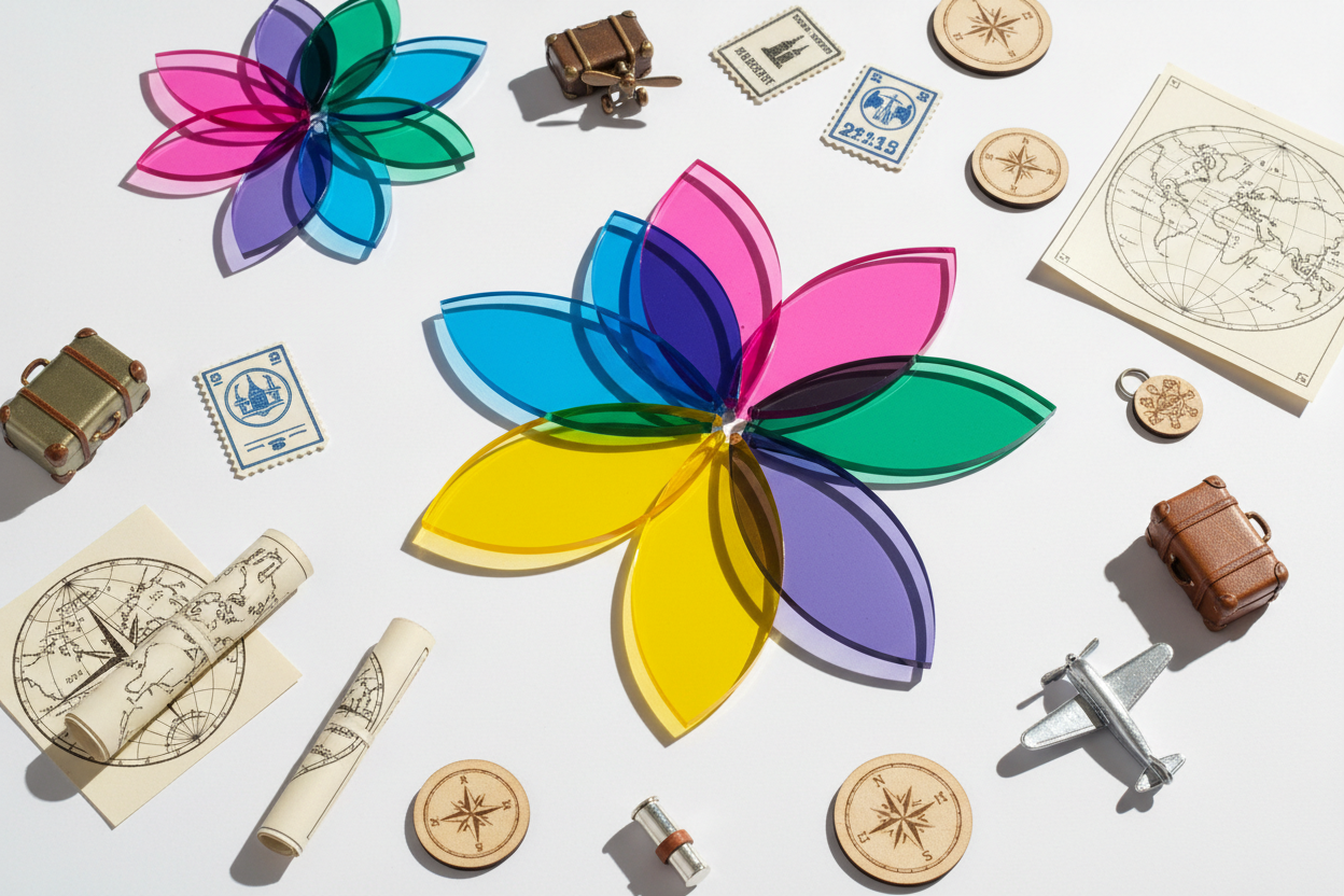 laminas de acrilico de colores en forma de flor con fondo blanco y alrededor algo que represente viajes