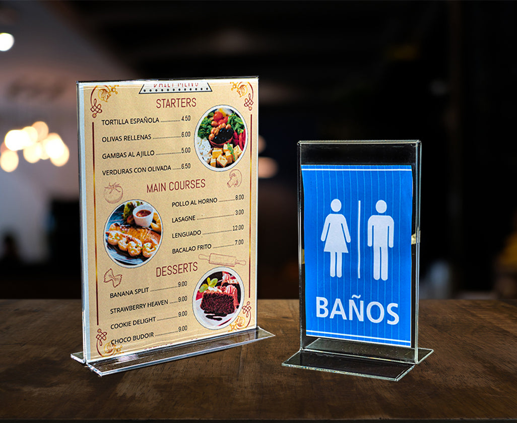 Porta menú doble vista de acrílico