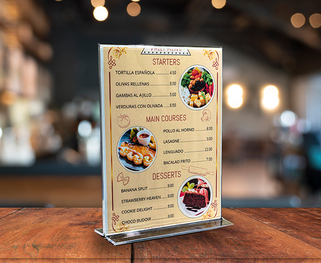 Porta menú doble vista de acrílico
